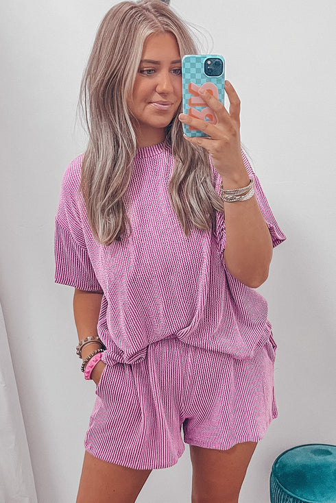 Ribbed Textured Knit Loose Fit Tee and Shorts Set